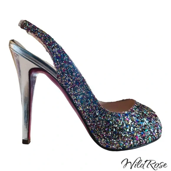 CHRISTIAN LOUBOUTIN Sparkle Confetti Glitter Prive Slingback Pump Sandals SZ 36